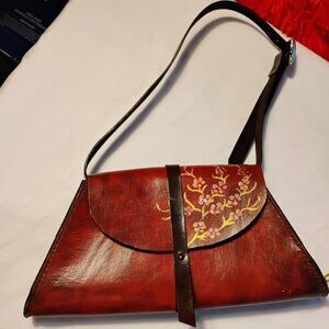 Vintage Style Hand Painted Leather Shoulder Bag Floral Brown Purse